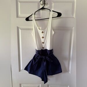White Button-Front Tank with Navy Paperbag Waist Shorts